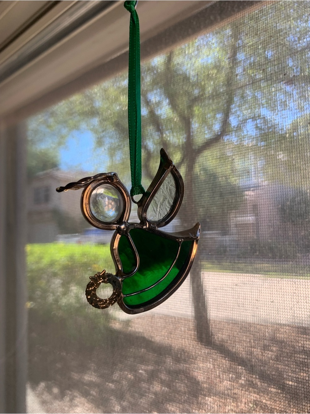 Handcrafted Green Glass Angel Suncatcher Hanging Ornament